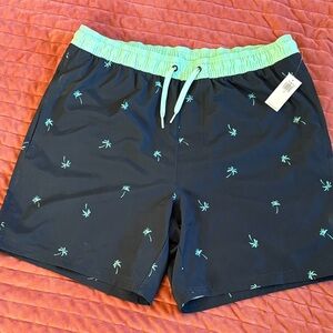Old Navy Navy Blue Swim Trunks with Green Palm Print